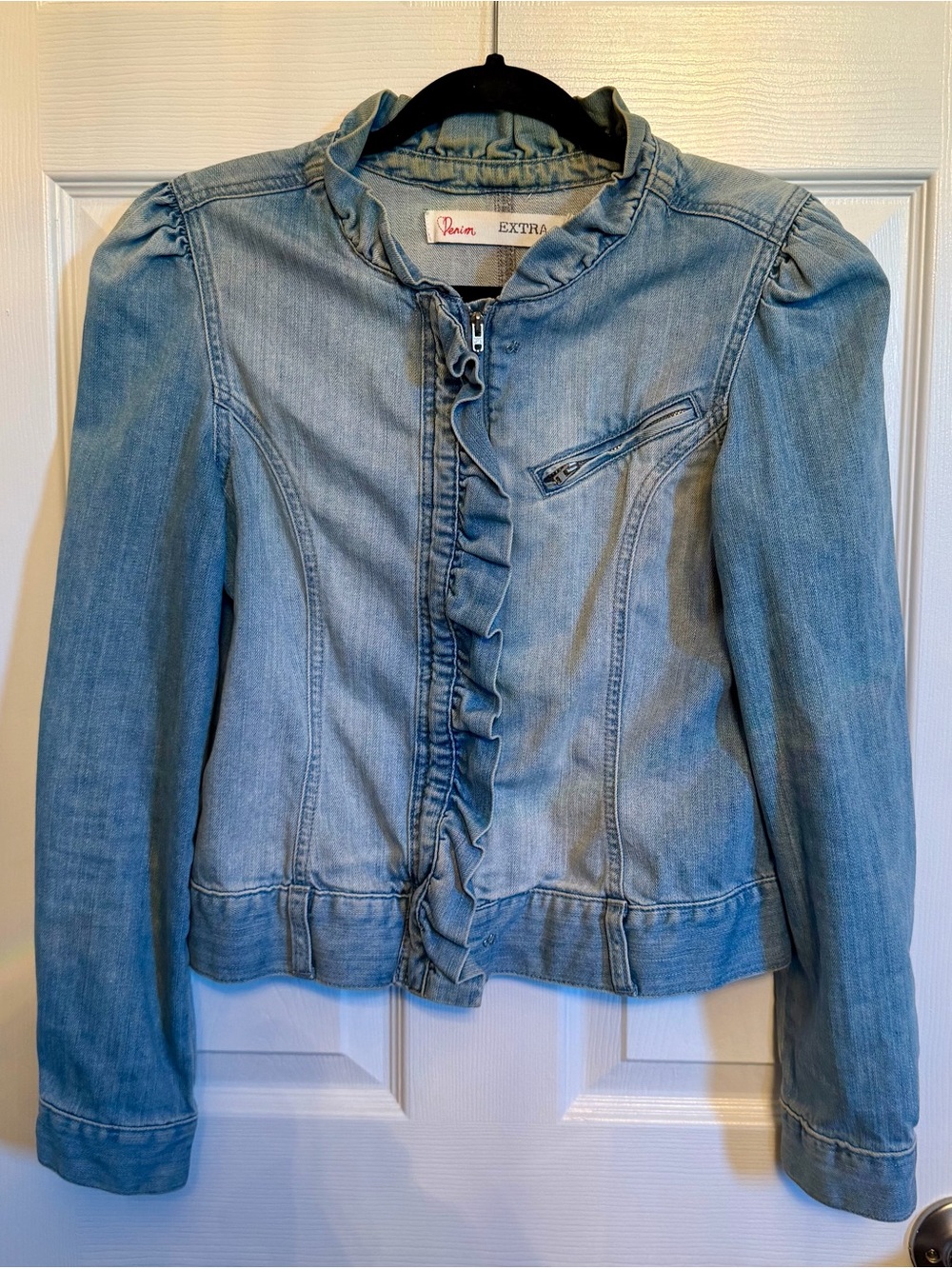 Denim Ruffled Zip-Front Jacket - Light Blue